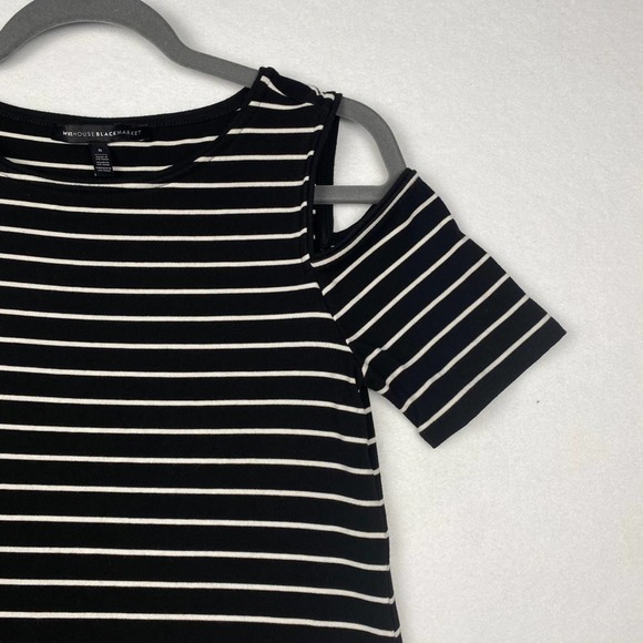 White House Black Market‎ Women's Sz S cold Shoulder Stipe Knit Shift Mini Dress - Picture 5 of 8